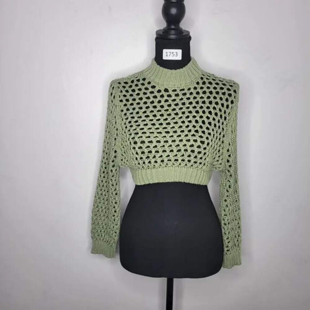 Cropped‎ Sweater Fish Knit Size Large Olive Green Cover Up Crochet Club
